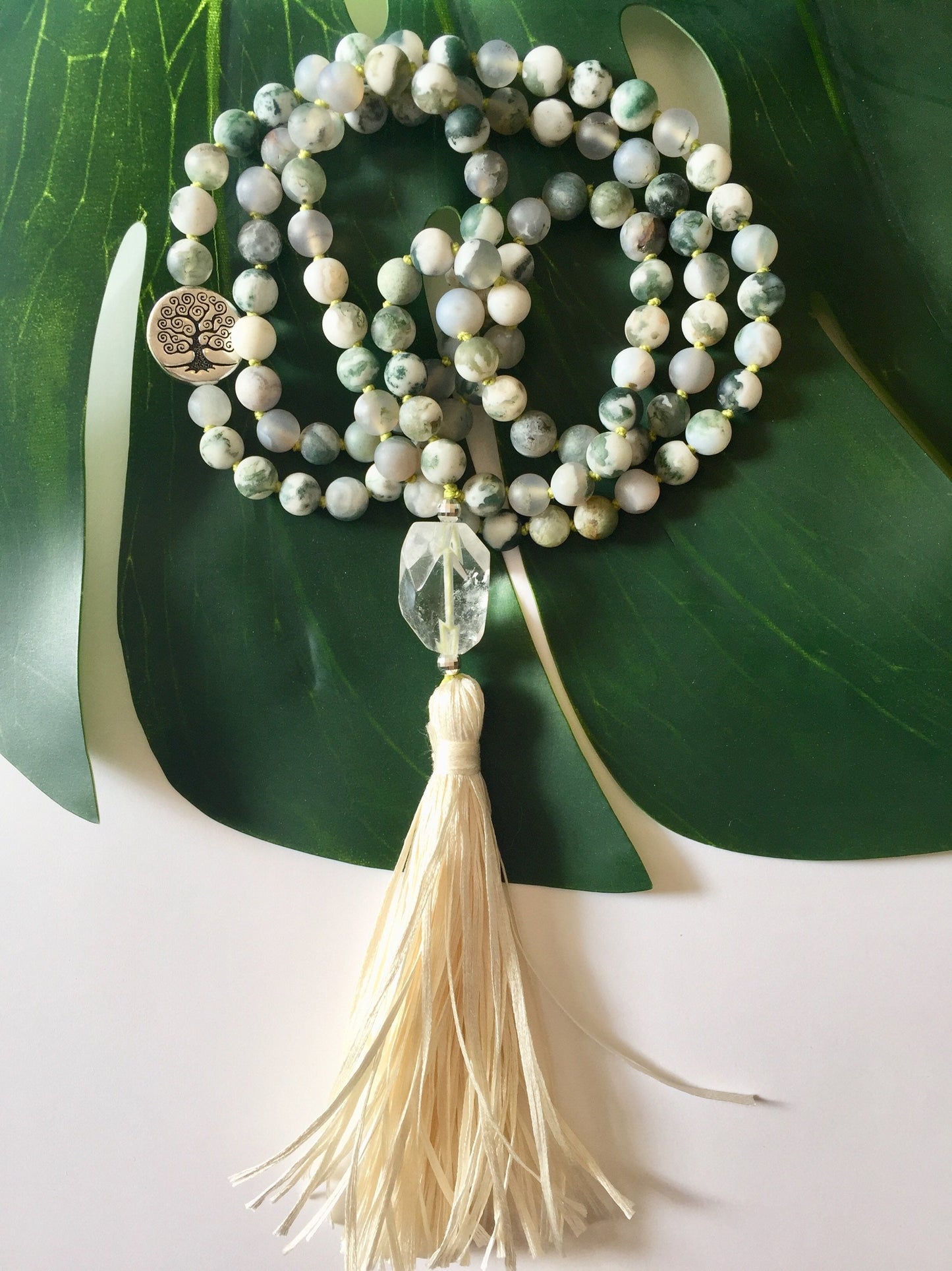 Vrksasana Mala, Mala Beads for Abundance and Hope, Tree Agate and Quartz