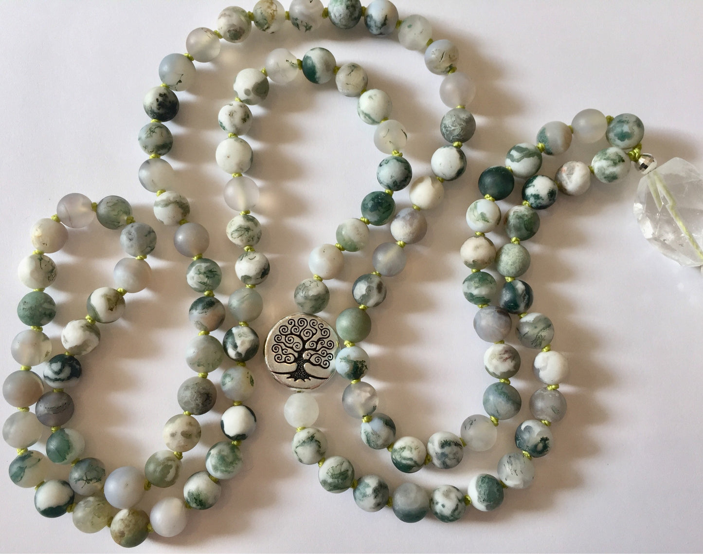 Vrksasana Mala, Mala Beads for Abundance and Hope, Tree Agate and Quartz