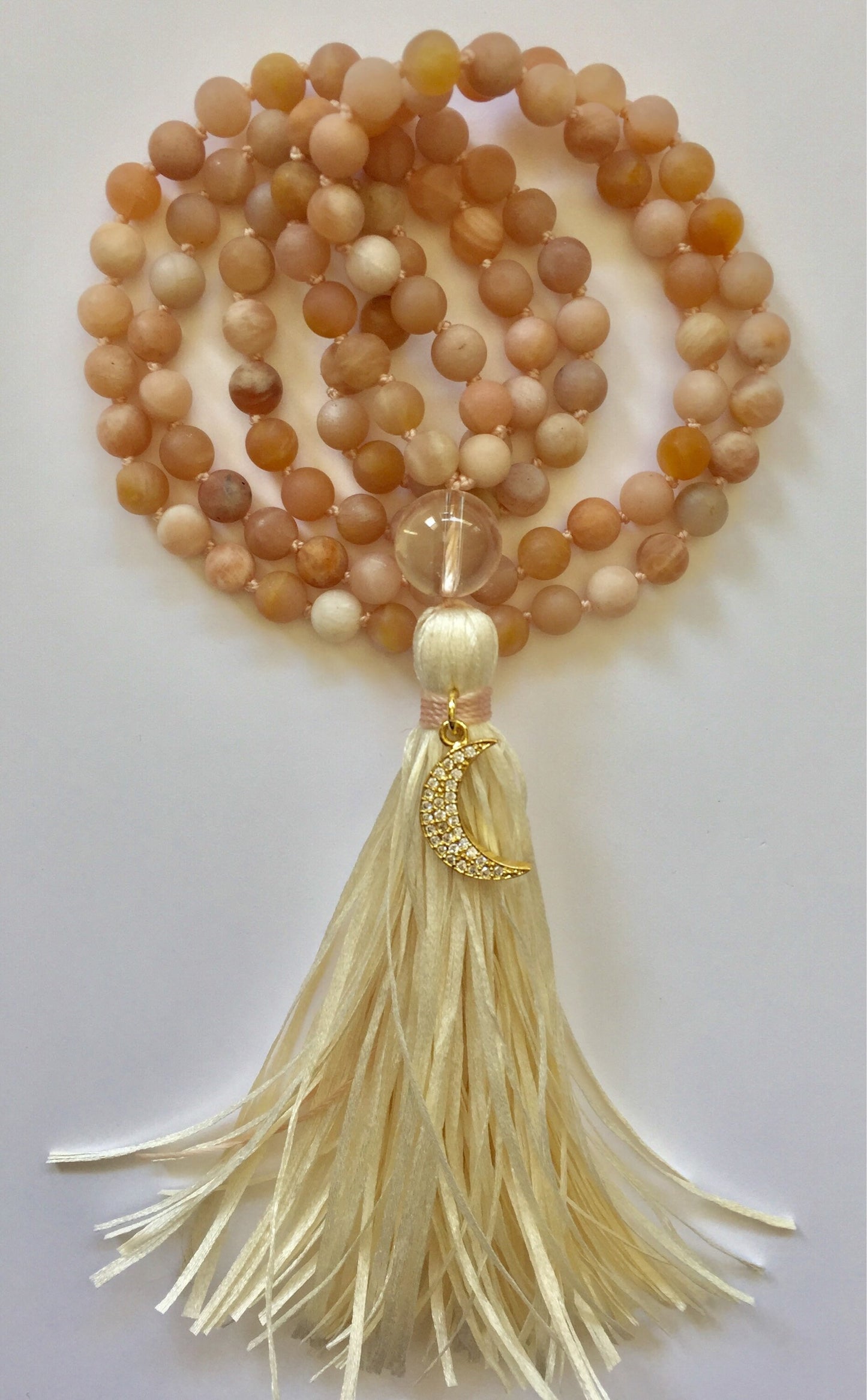 The Mala for Joy and Self Confidence, Sunstone, Quartz and Pave' CZ Moon Charm