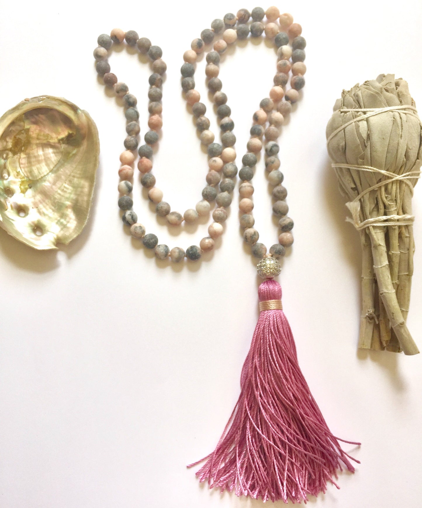 The Mala for Healing, Pink Zebra Jasper and Pave' CZ Guru Bead