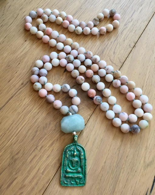 Peace, Love and Balance Mala Beads, Pink Peruvian Opal and Aquamarine