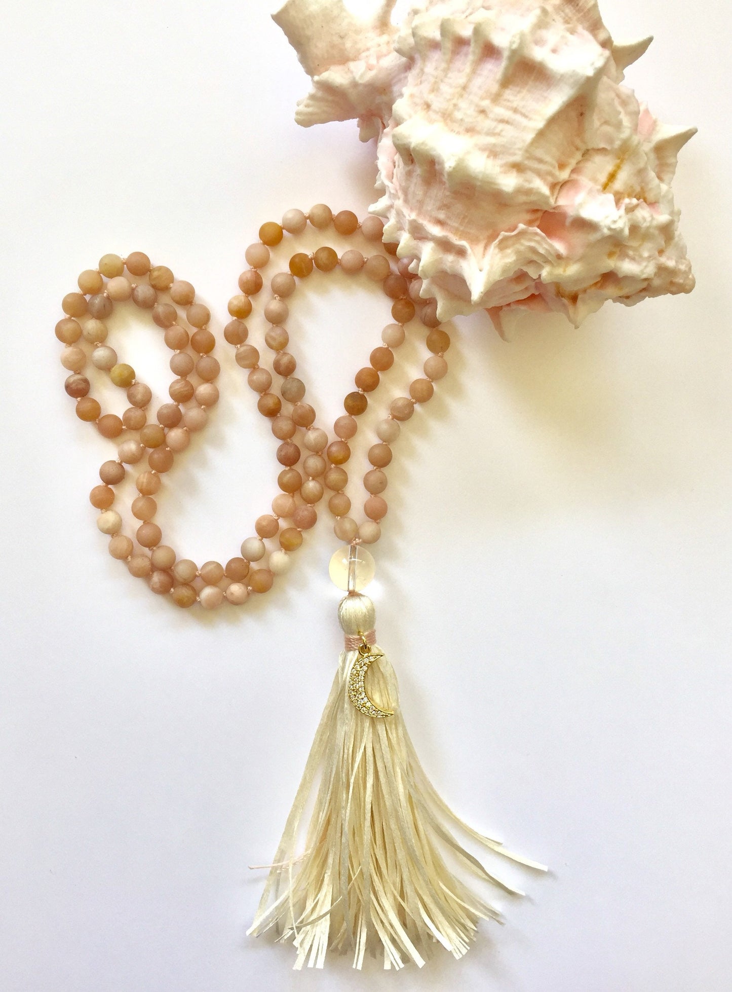 The Mala for Joy and Self Confidence, Sunstone, Quartz and Pave' CZ Moon Charm