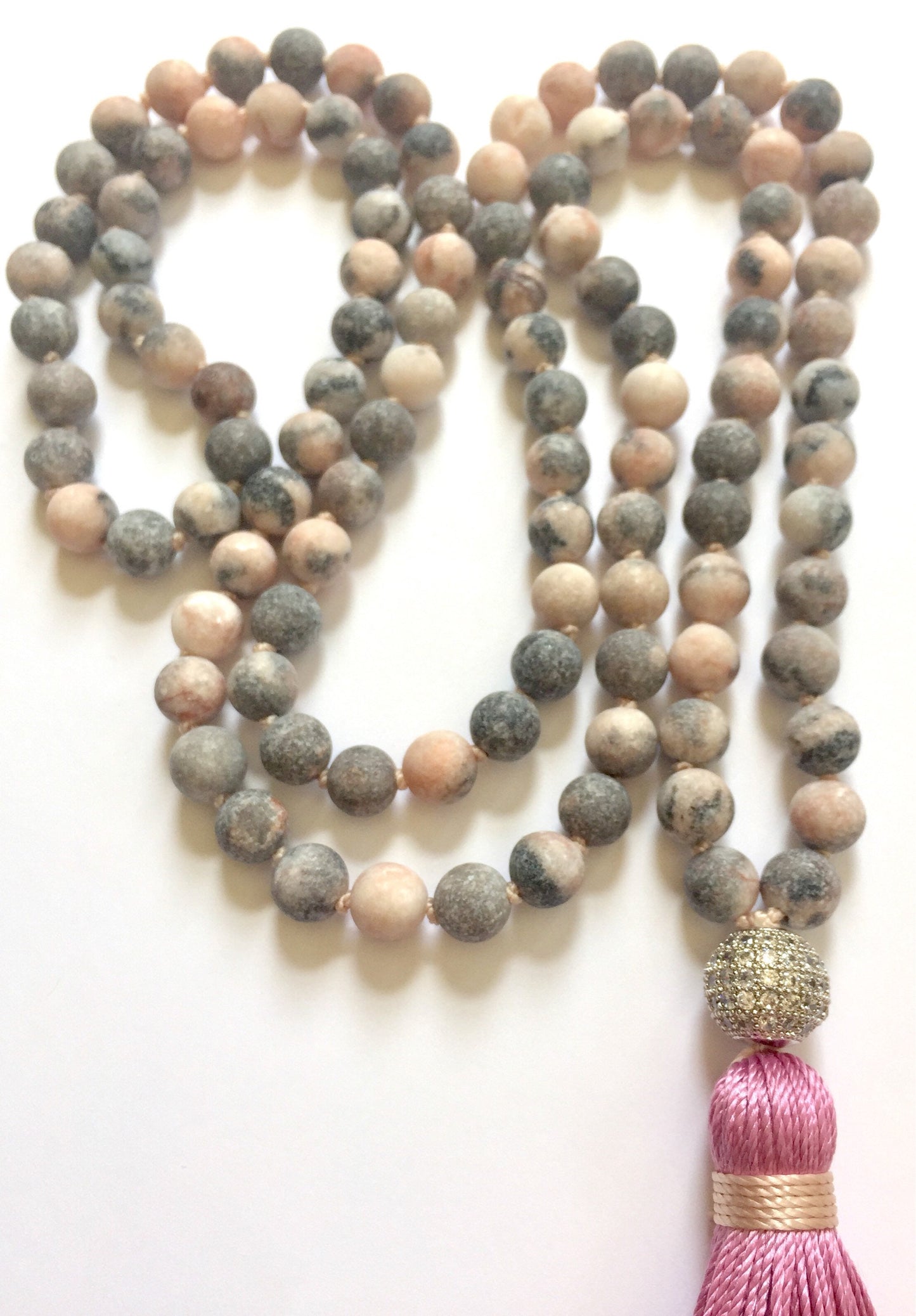 The Mala for Healing, Pink Zebra Jasper and Pave' CZ Guru Bead