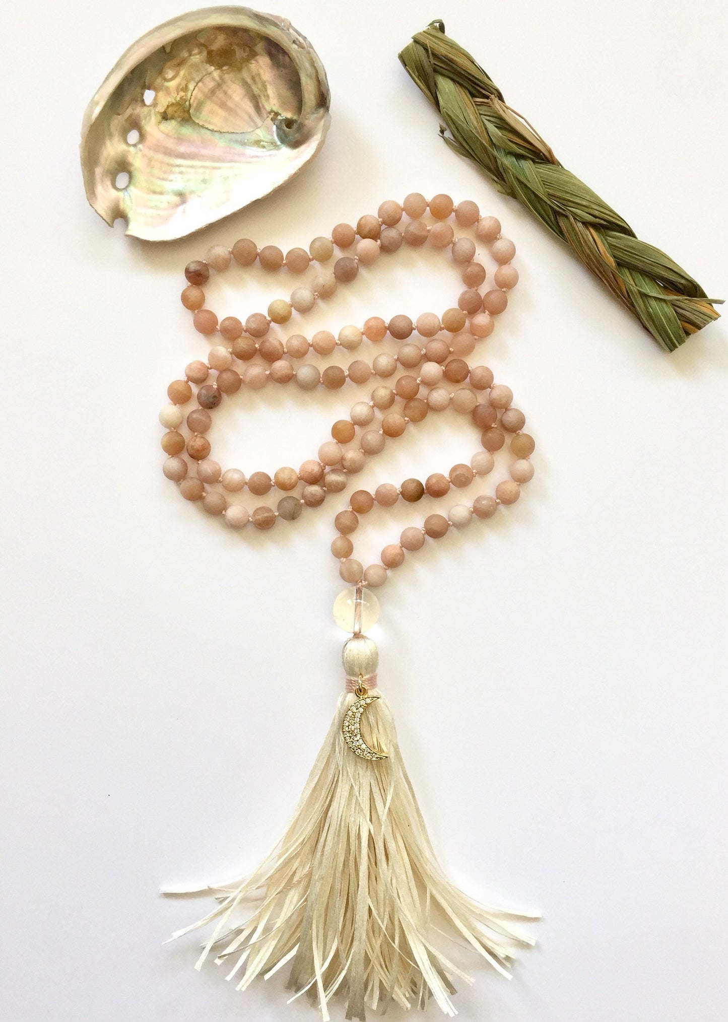 The Mala for Joy and Self Confidence, Sunstone, Quartz and Pave' CZ Moon Charm