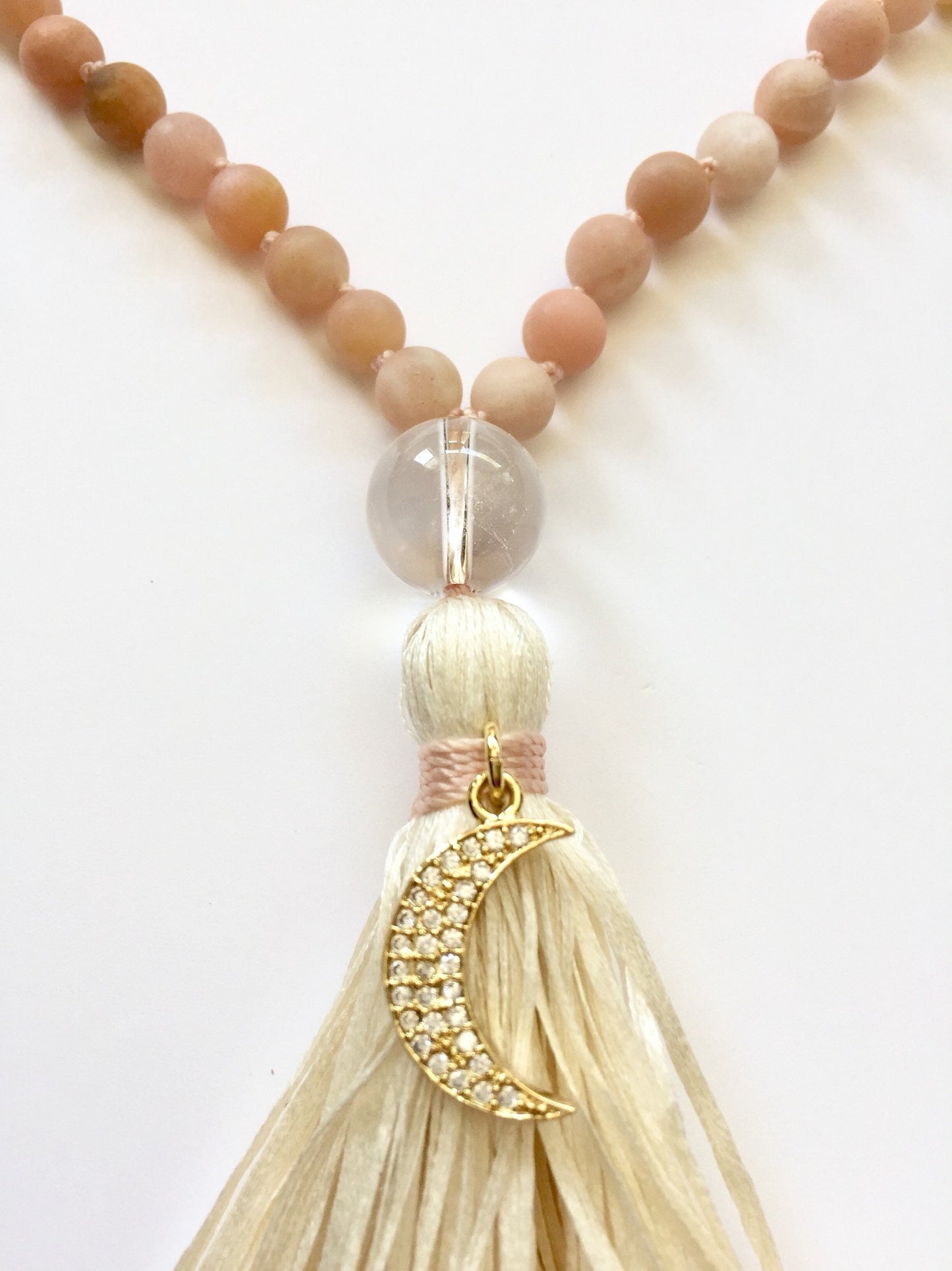 The Mala for Joy and Self Confidence, Sunstone, Quartz and Pave' CZ Moon Charm