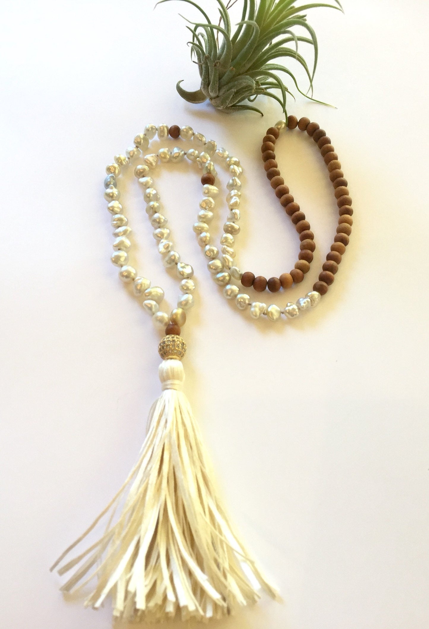 Sandalwood and pearl mala necklace with cream silk tassel