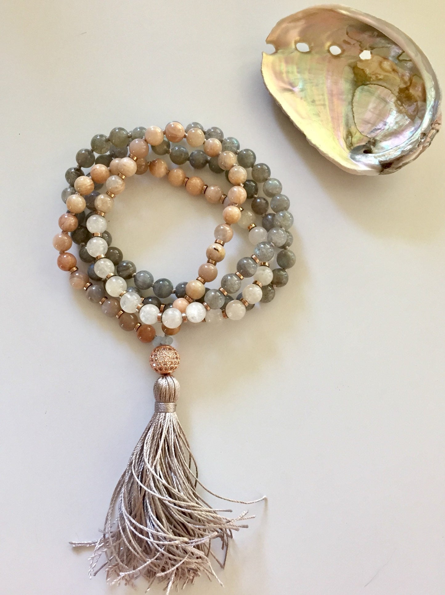 peach and rainbow moonstone and labradorite  mala necklace with taupe tassel