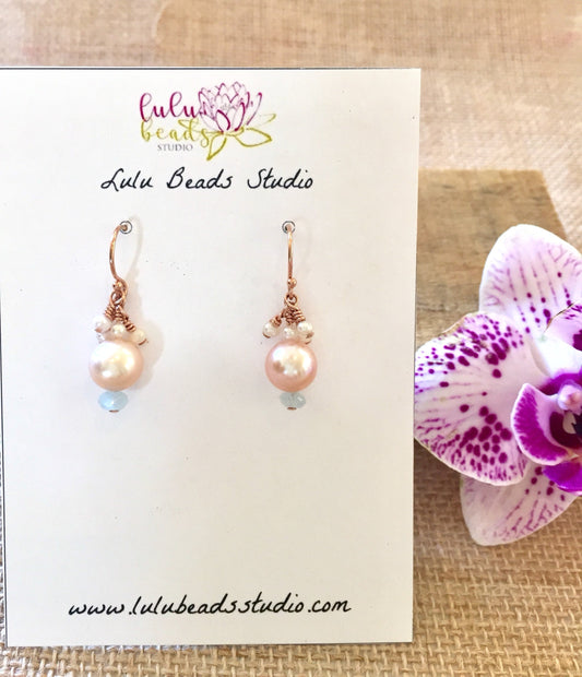 Pink Pearl and Aquamarine Earrings, Rose Gold Plated