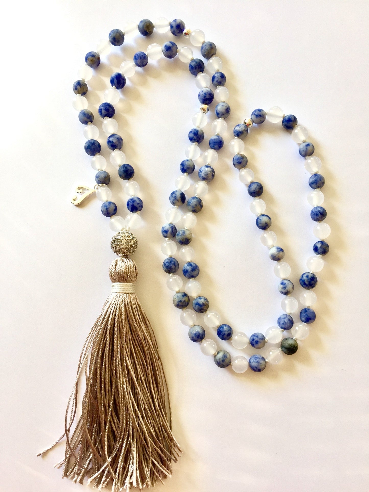 sodalite and white agate mala necklace with taupe tassel and initial charm