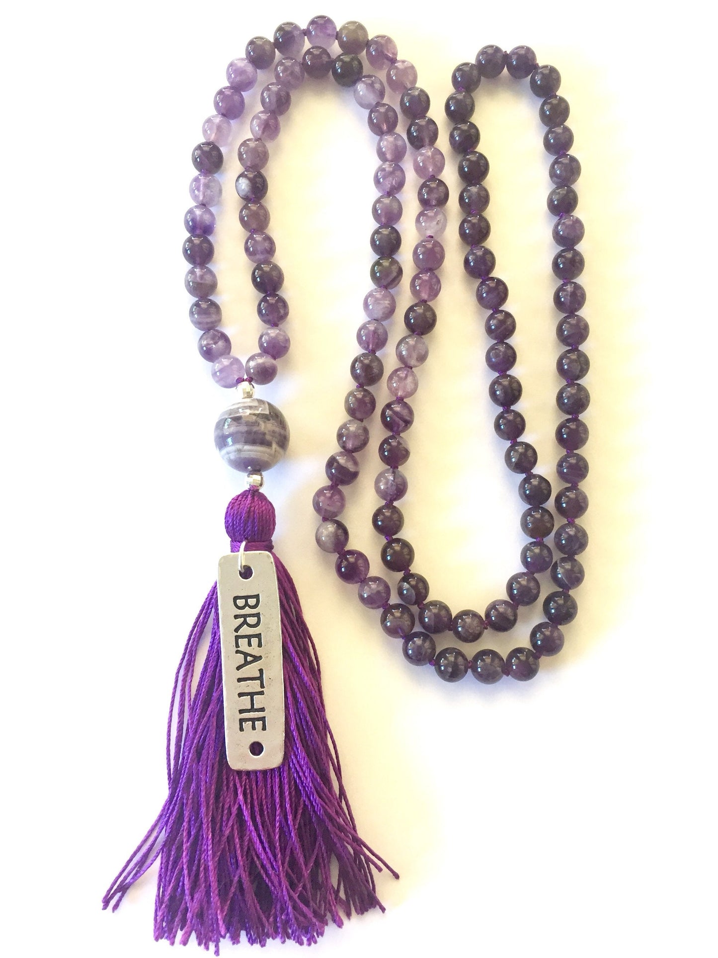amethyst mala necklace with Breathe charm
