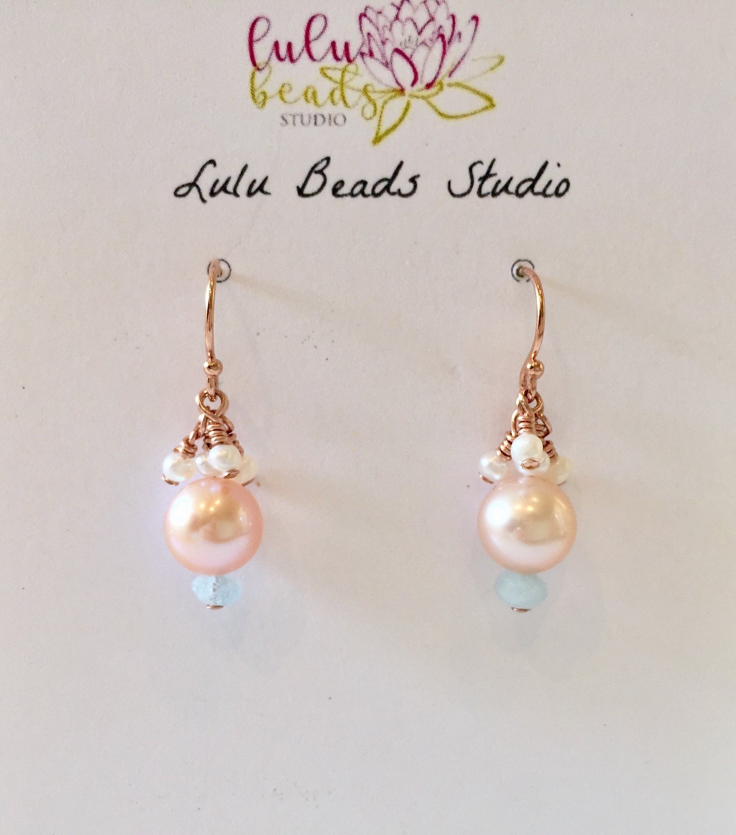 Pink Pearl and Aquamarine Earrings, Rose Gold Plated