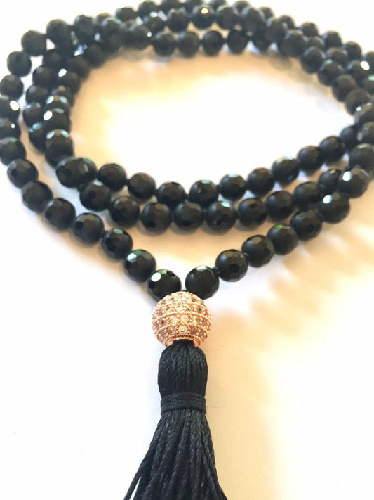 The Mala for Determination and Self-Confidence, Black Onyx with Rose Gold Plated CZ Pave' Guru Bead