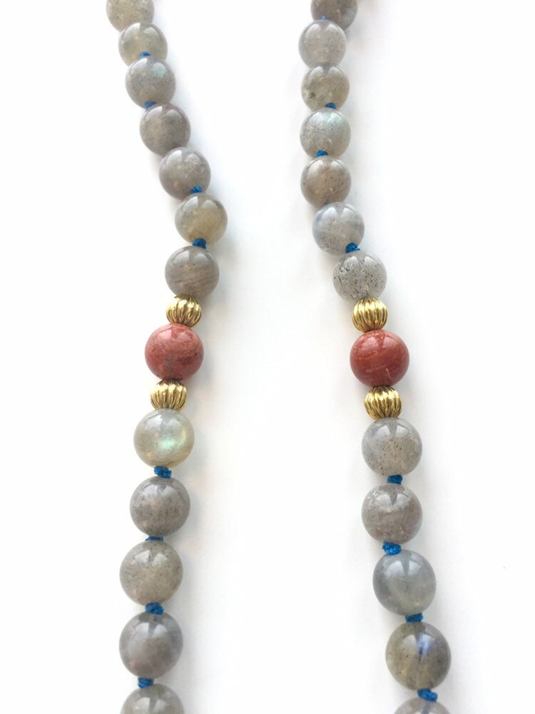 The Northern Lights Mala, Labradorite, Opalite, Red Jasper and Tibetan Om Guru Bead