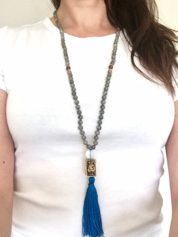 The Northern Lights Mala, Labradorite, Opalite, Red Jasper and Tibetan Om Guru Bead