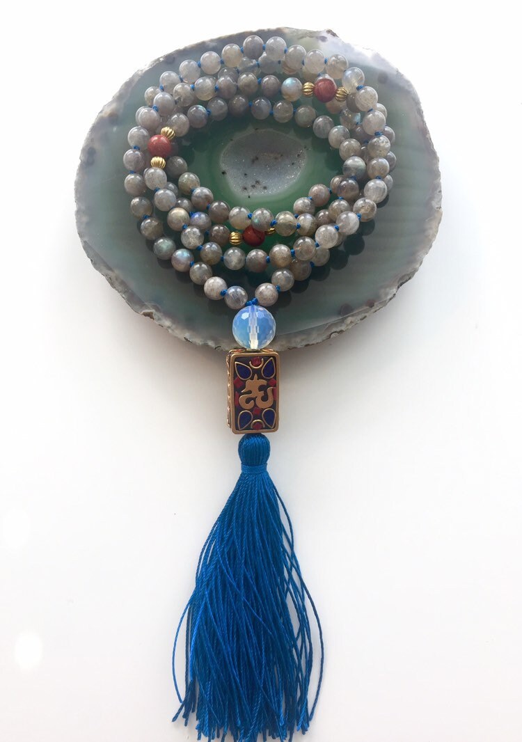 The Northern Lights Mala, Labradorite, Opalite, Red Jasper and Tibetan Om Guru Bead