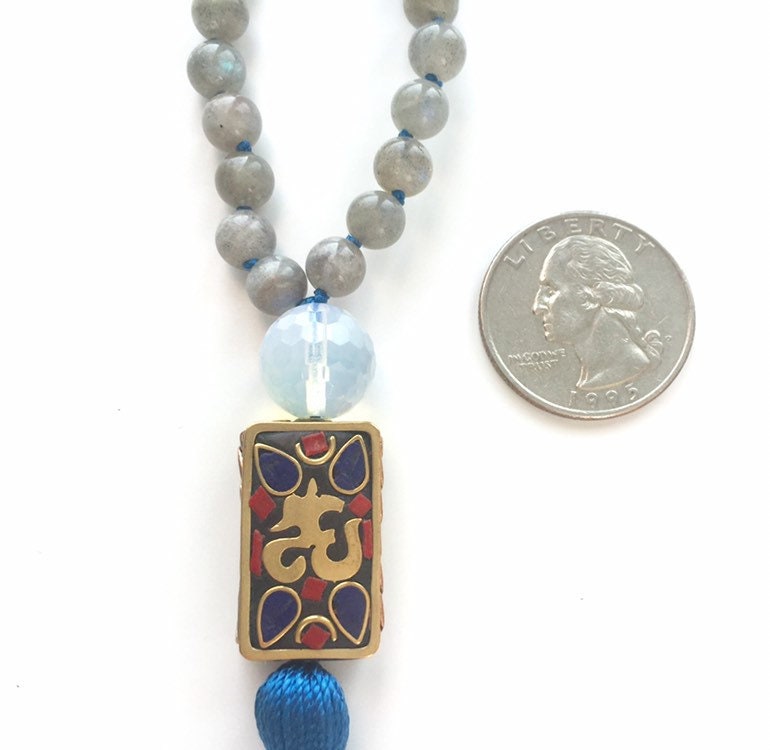 The Northern Lights Mala, Labradorite, Opalite, Red Jasper and Tibetan Om Guru Bead