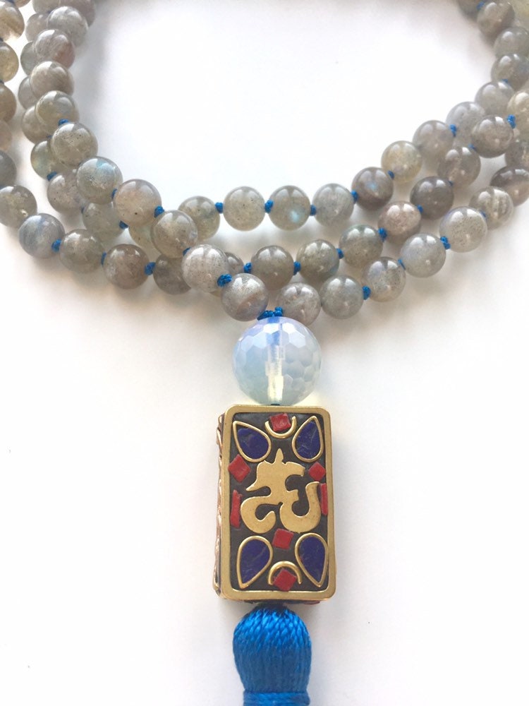 The Northern Lights Mala, Labradorite, Opalite, Red Jasper and Tibetan Om Guru Bead