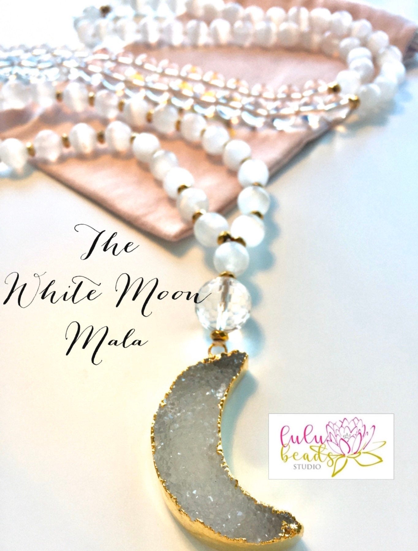 White Moon Mala For Inner Peace, Selenite, Hematite and Quartz