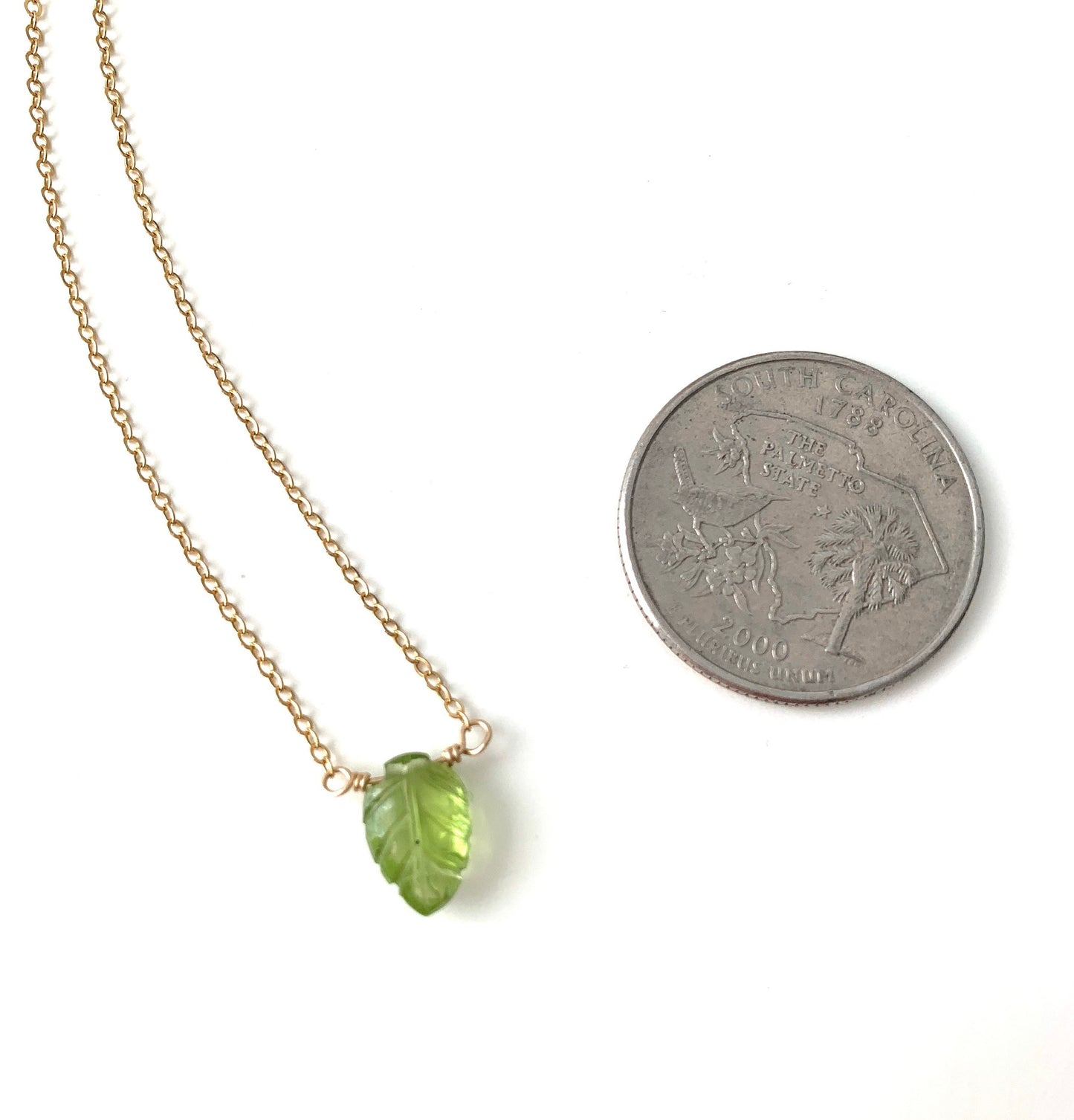 Peridot Leaf Necklace, Yellow Gold-filled