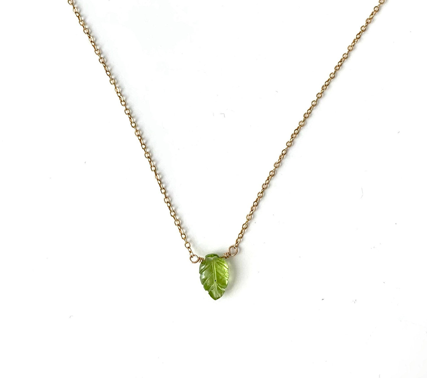 Peridot Leaf Necklace, Yellow Gold-filled