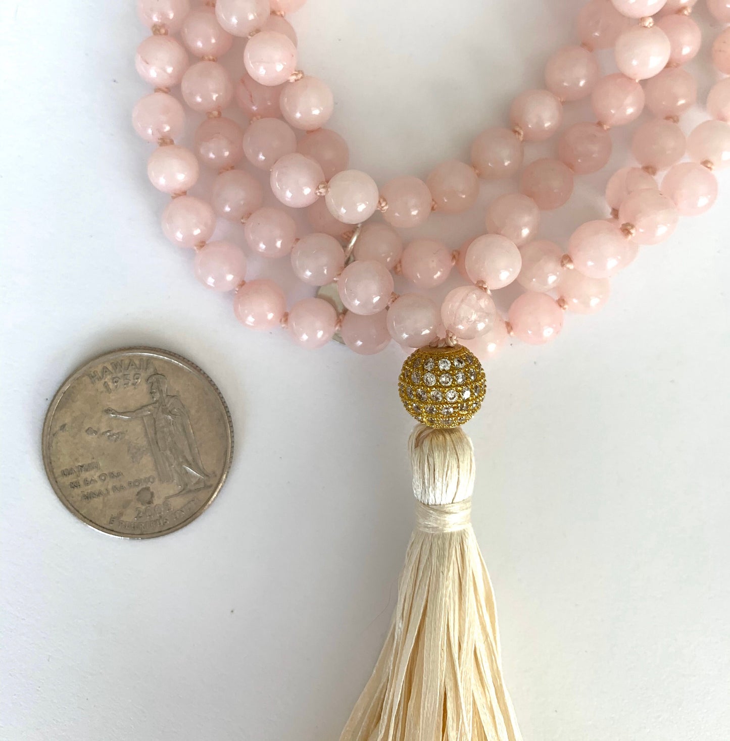 Mala Beads for Love and Friendship, Rose Quartz with a Pave' CZ Guru Bead