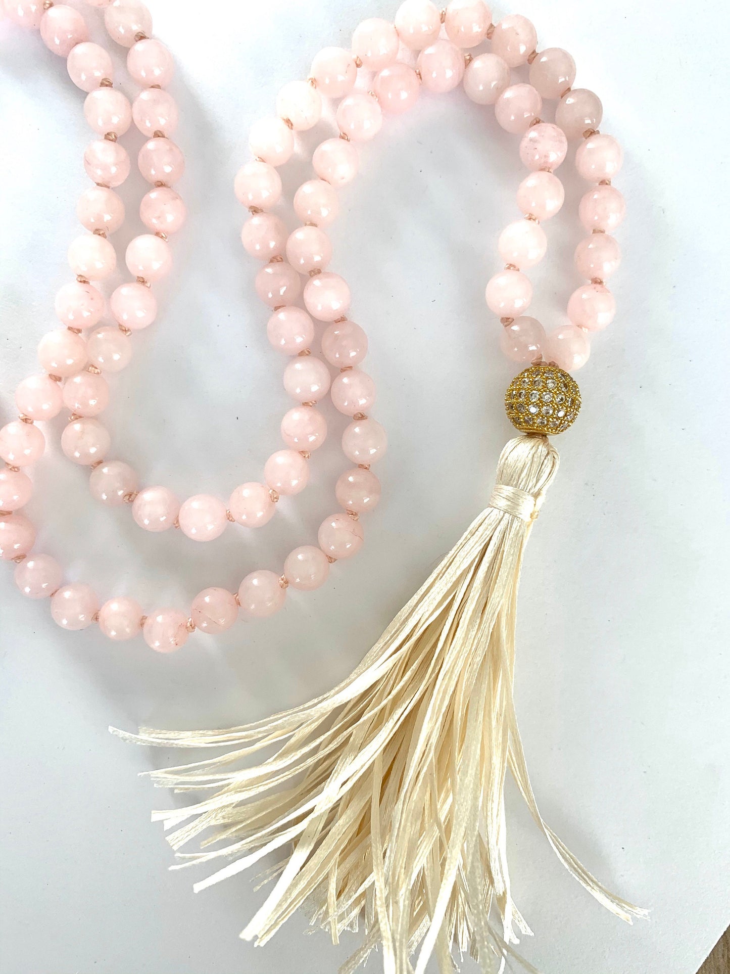 Mala Beads for Love and Friendship, Rose Quartz with a Pave' CZ Guru Bead