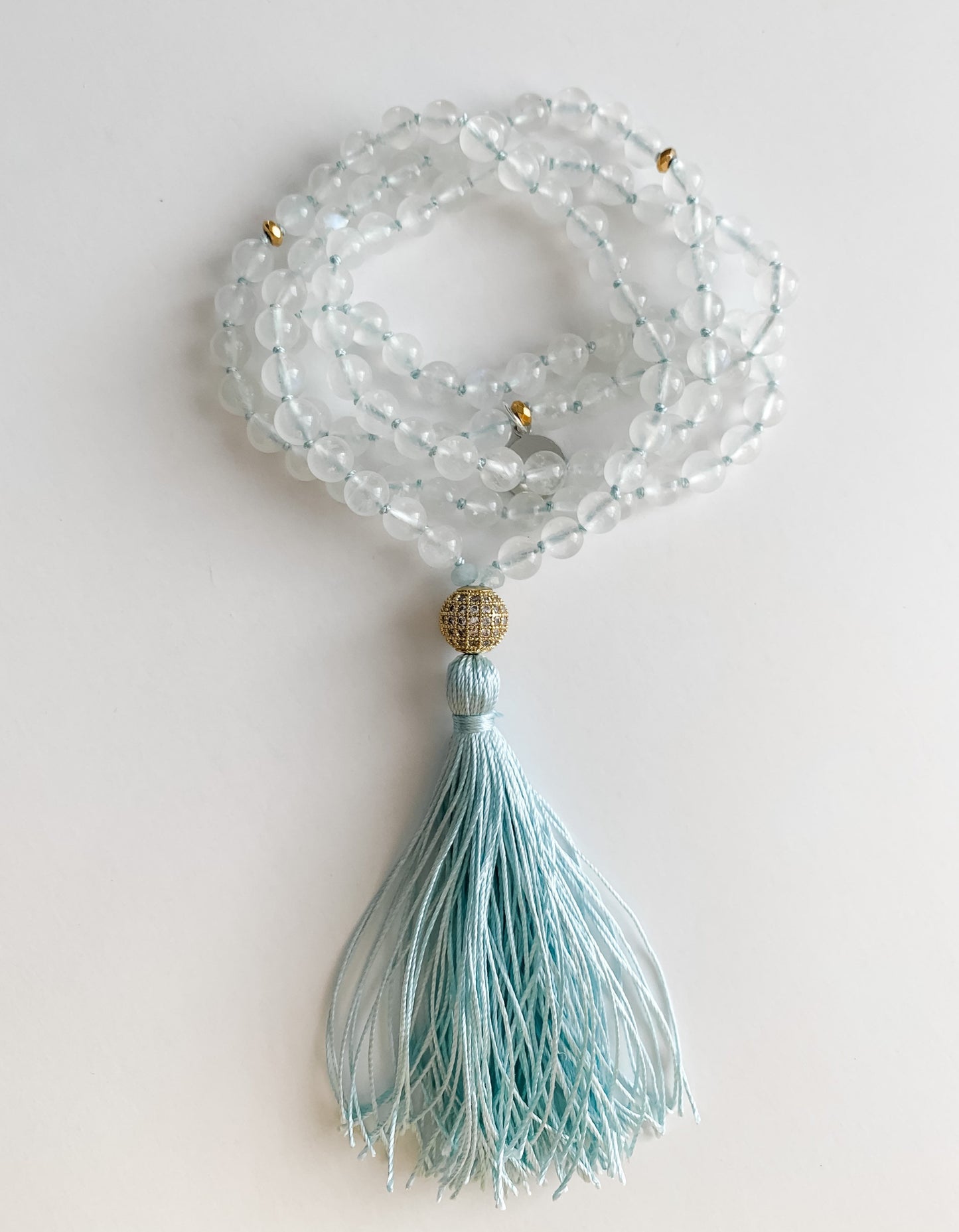 The Moon Goddess Mala, Rainbow Moonstone and Cubic Zirconia