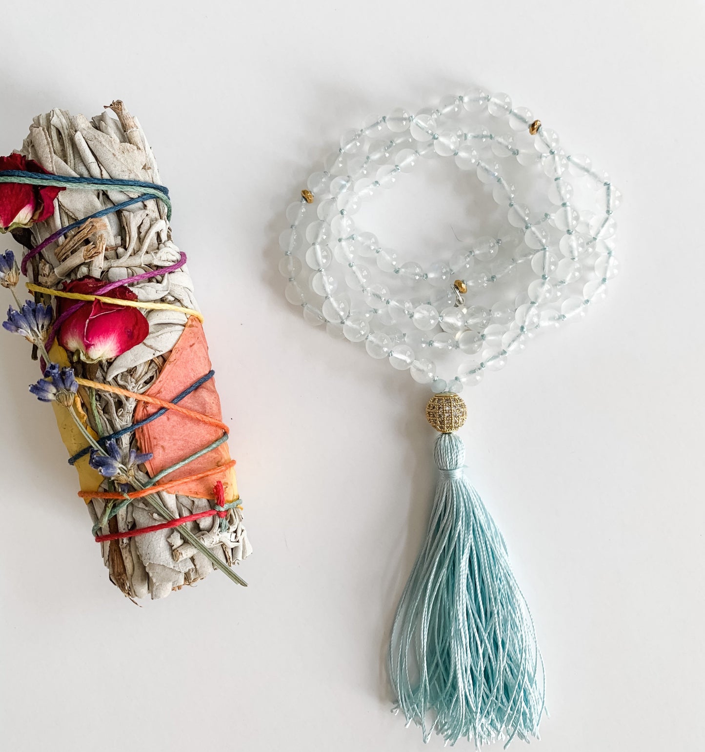 The Moon Goddess Mala, Rainbow Moonstone and Cubic Zirconia