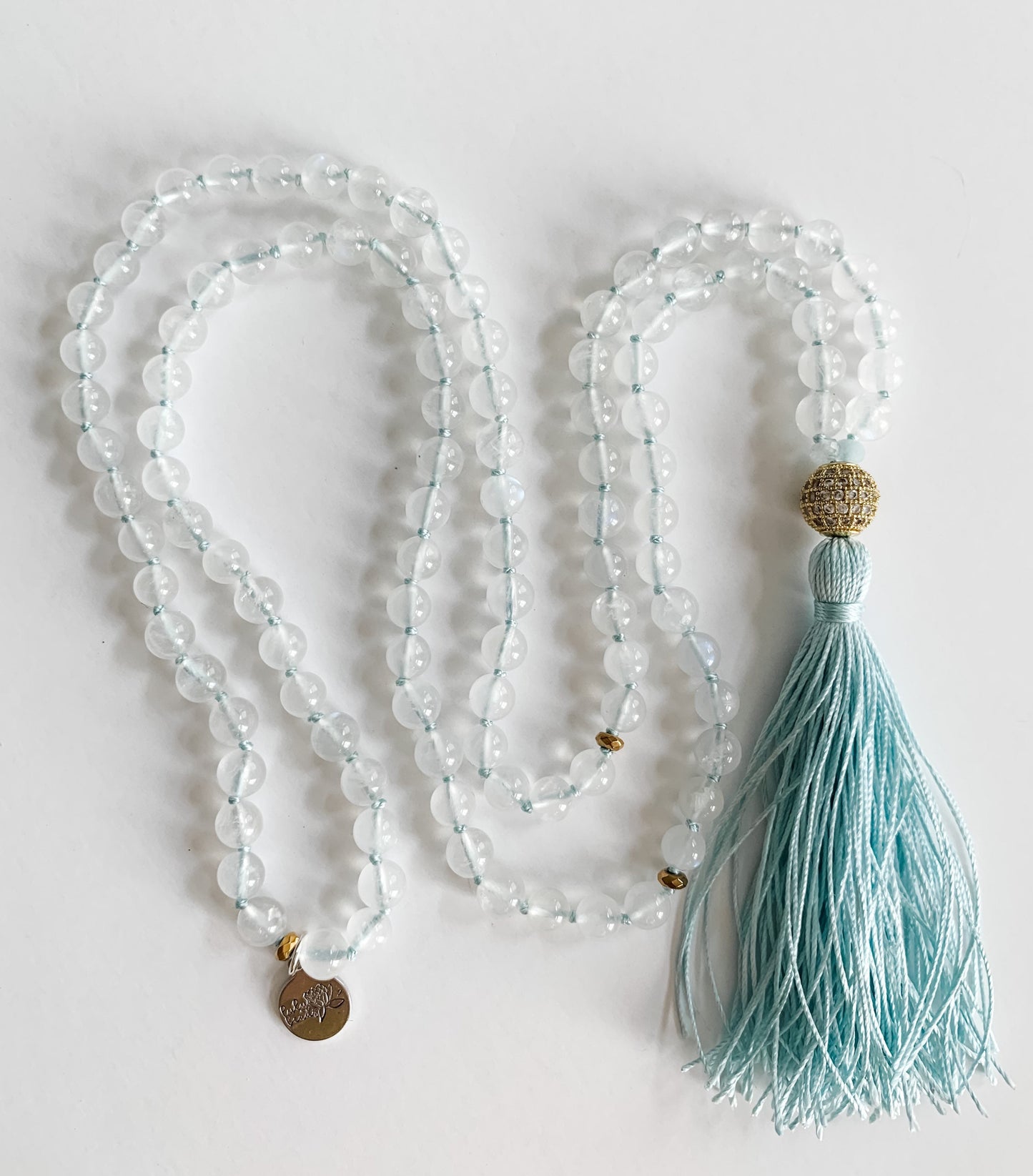 The Moon Goddess Mala, Rainbow Moonstone and Cubic Zirconia