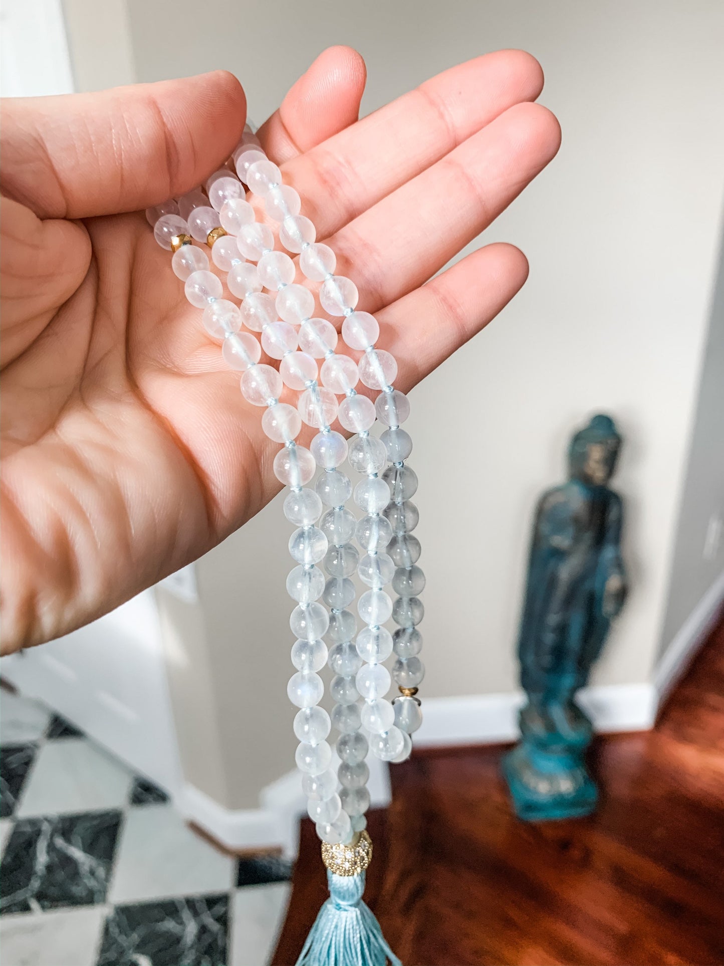 The Moon Goddess Mala, Rainbow Moonstone and Cubic Zirconia