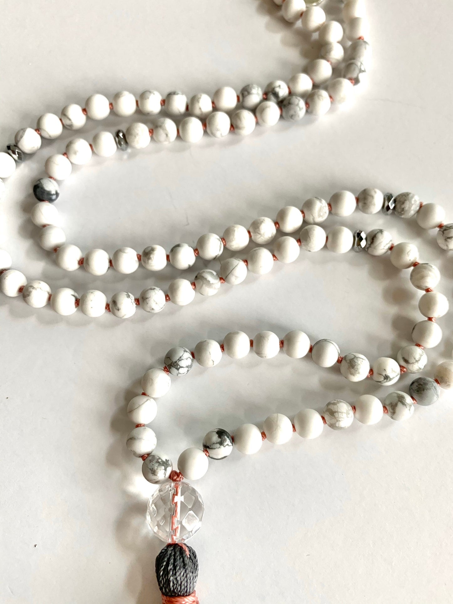 Mala for Tranquility, Howlite Jasper, Hematite and Quartz