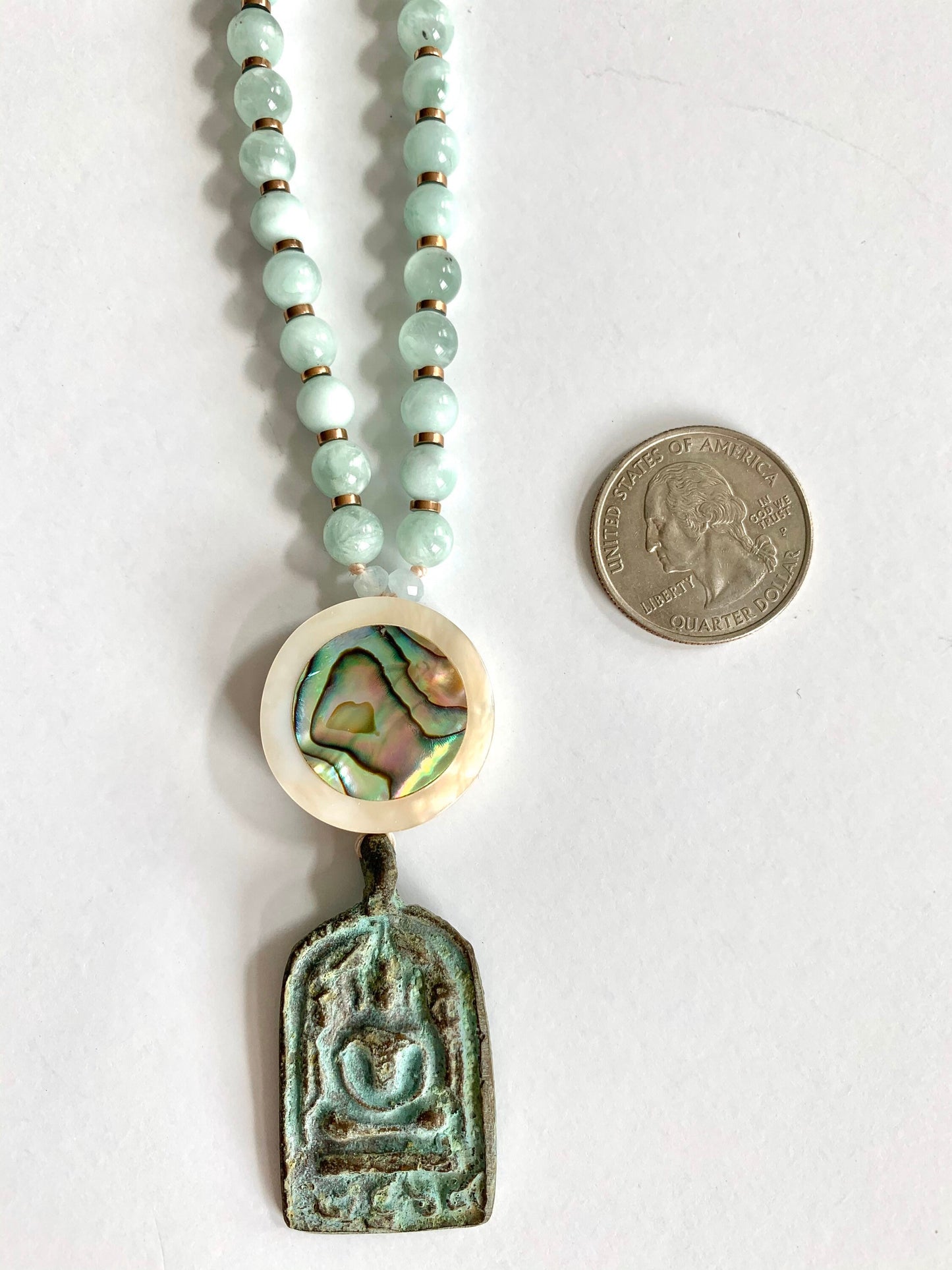 The Peaceful Buddha Mala, Green Angelite, Hematite and Mother of Pearl