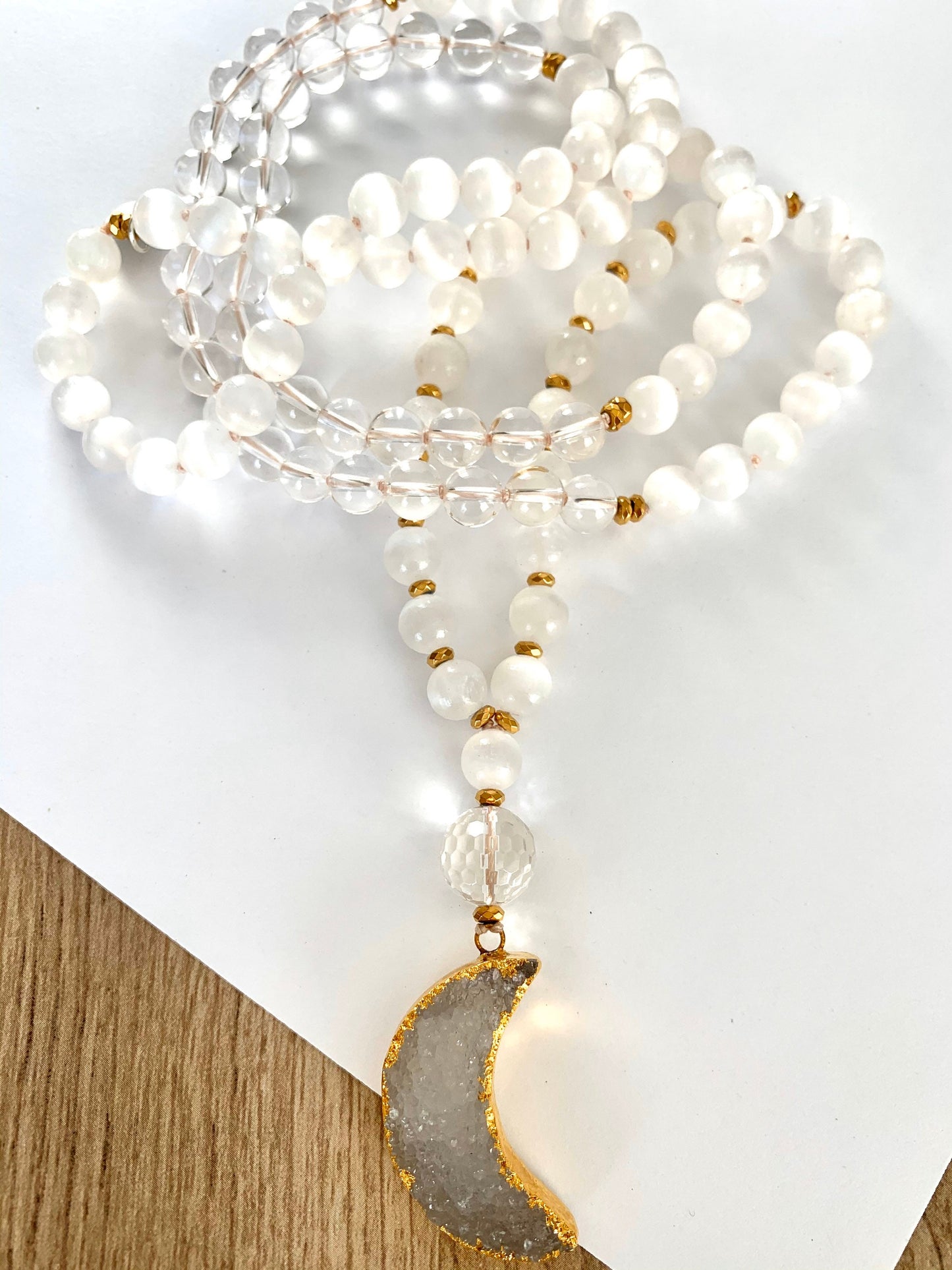 White Moon Mala For Inner Peace, Selenite, Hematite and Quartz