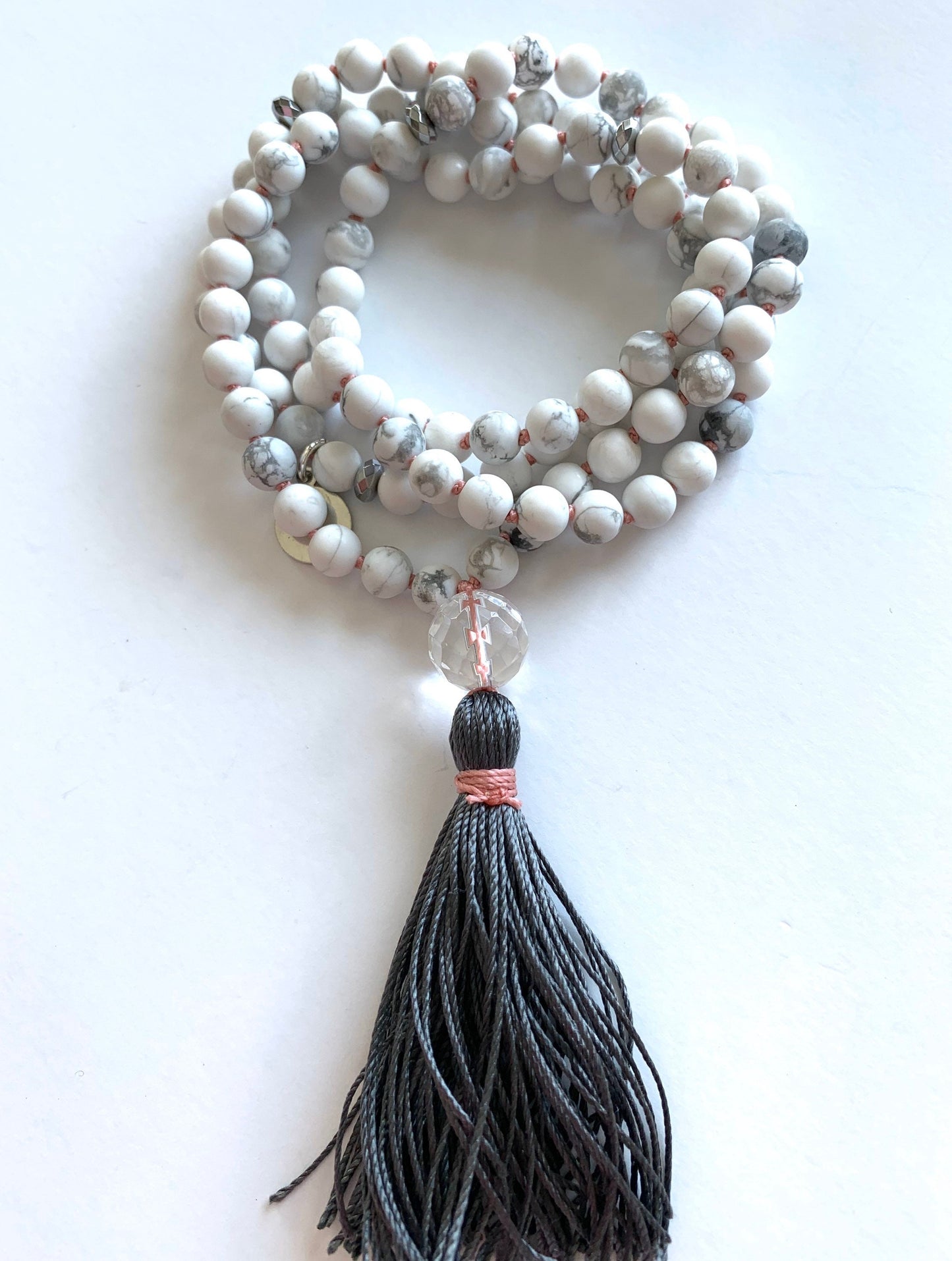 Mala for Tranquility, Howlite Jasper, Hematite and Quartz