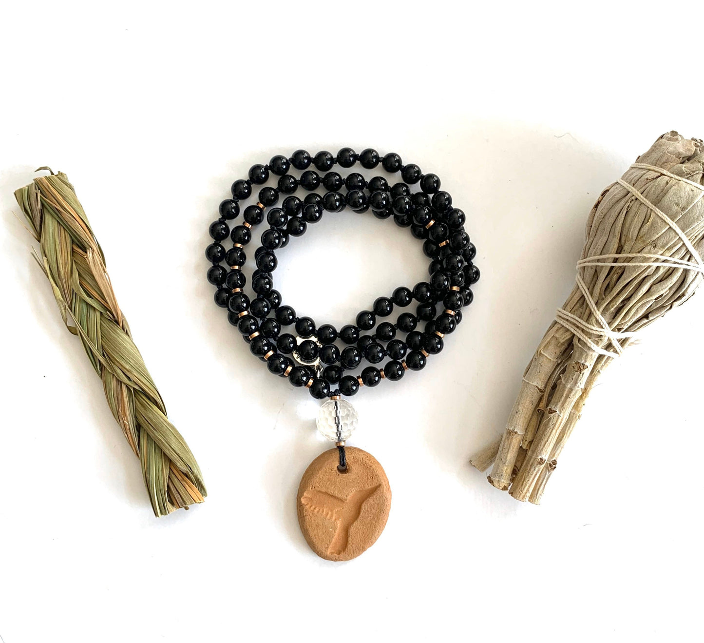 Mala Beads for Strength and Protection, Onyx, Hematite and Hummingbird Oil Diffuser Pendant