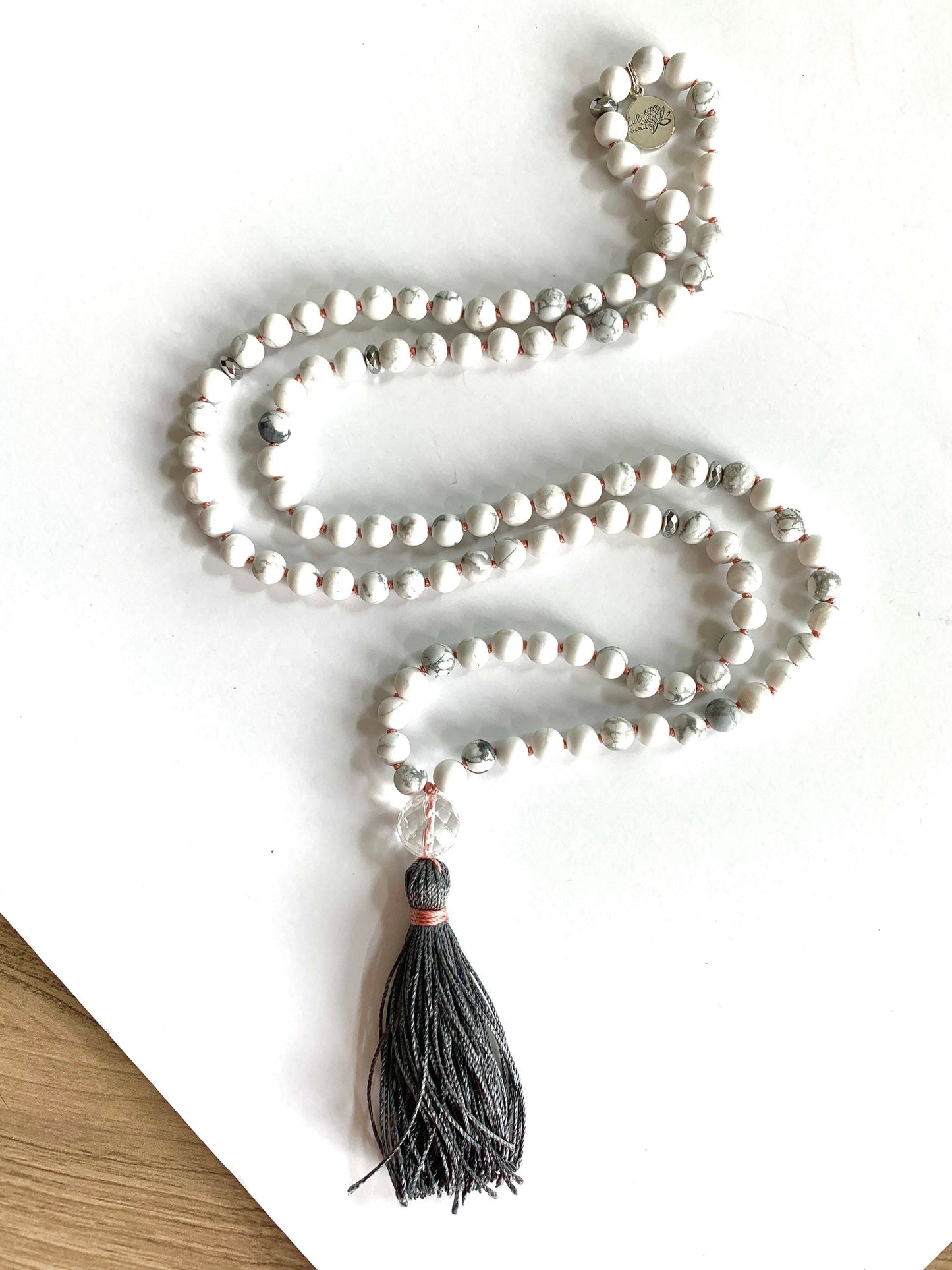 Mala for Tranquility, Howlite Jasper, Hematite and Quartz