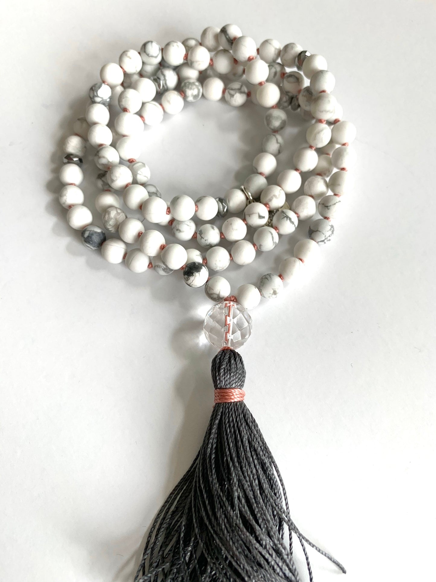 Mala for Tranquility, Howlite Jasper, Hematite and Quartz