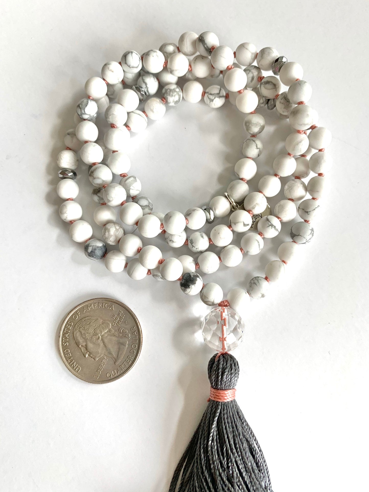 Mala for Tranquility, Howlite Jasper, Hematite and Quartz