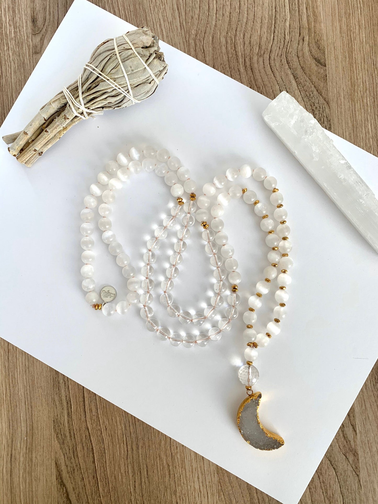 White Moon Mala For Inner Peace, Selenite, Hematite and Quartz