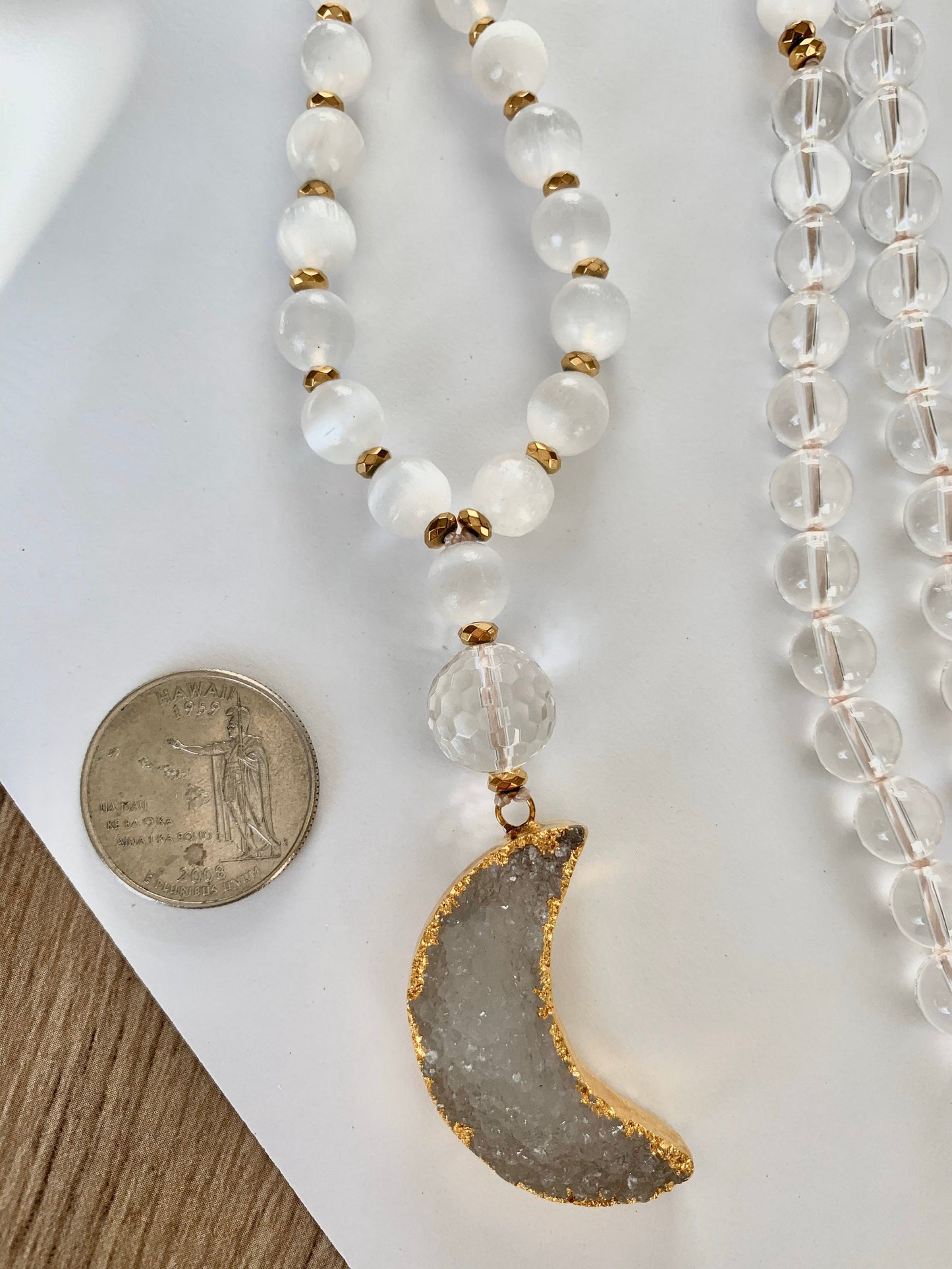 White Moon Mala For Inner Peace, Selenite, Hematite and Quartz