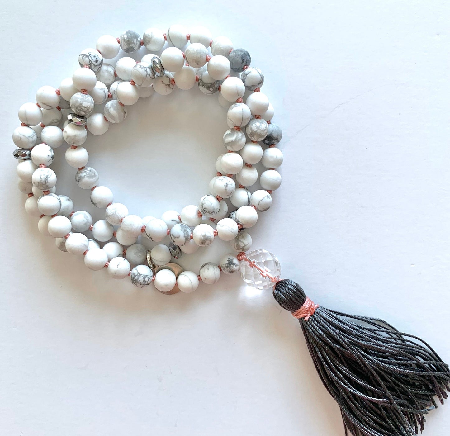 Mala for Tranquility, Howlite Jasper, Hematite and Quartz