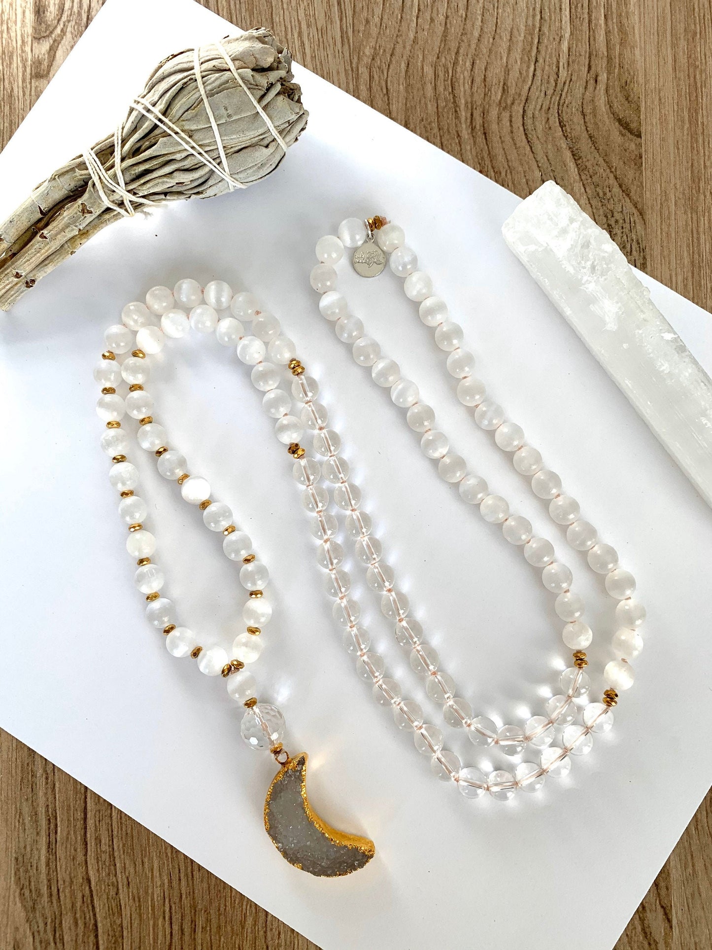 White Moon Mala For Inner Peace, Selenite, Hematite and Quartz