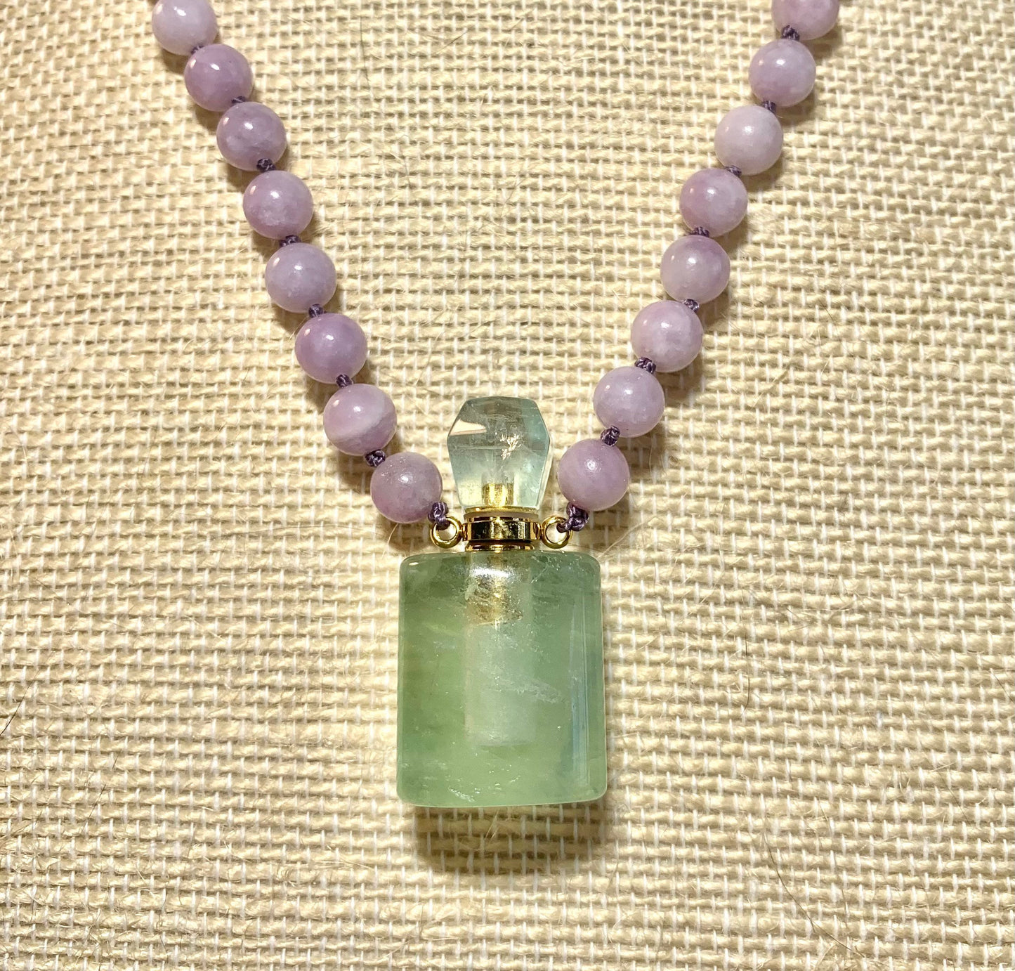 Mala Beads for Peace and Positivity, Lepidolite and Fluorite Miniature Perfume Bottle Pendant
