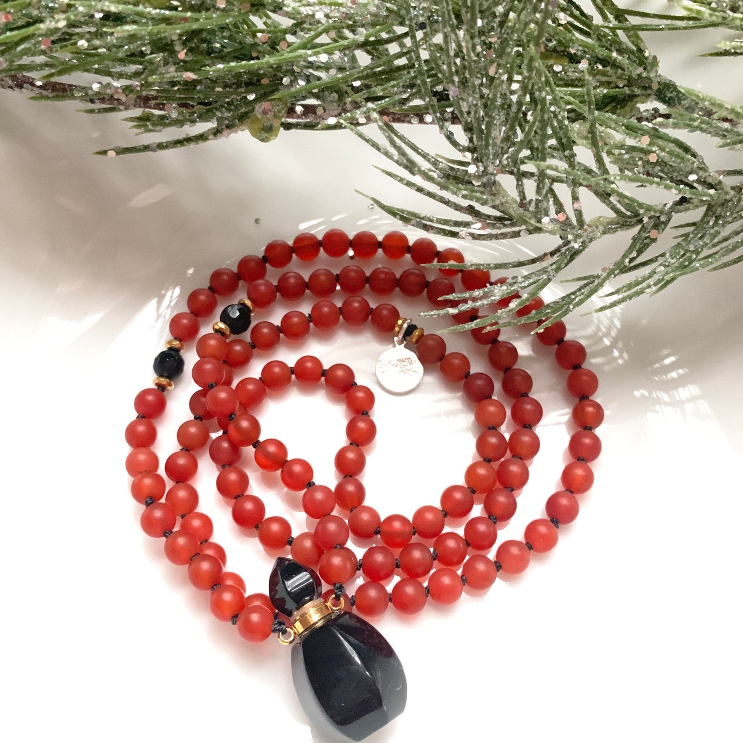 The Life Force Mala, Carnelian, Hematite and Miniature Onyx Perfume Bottle Pendant