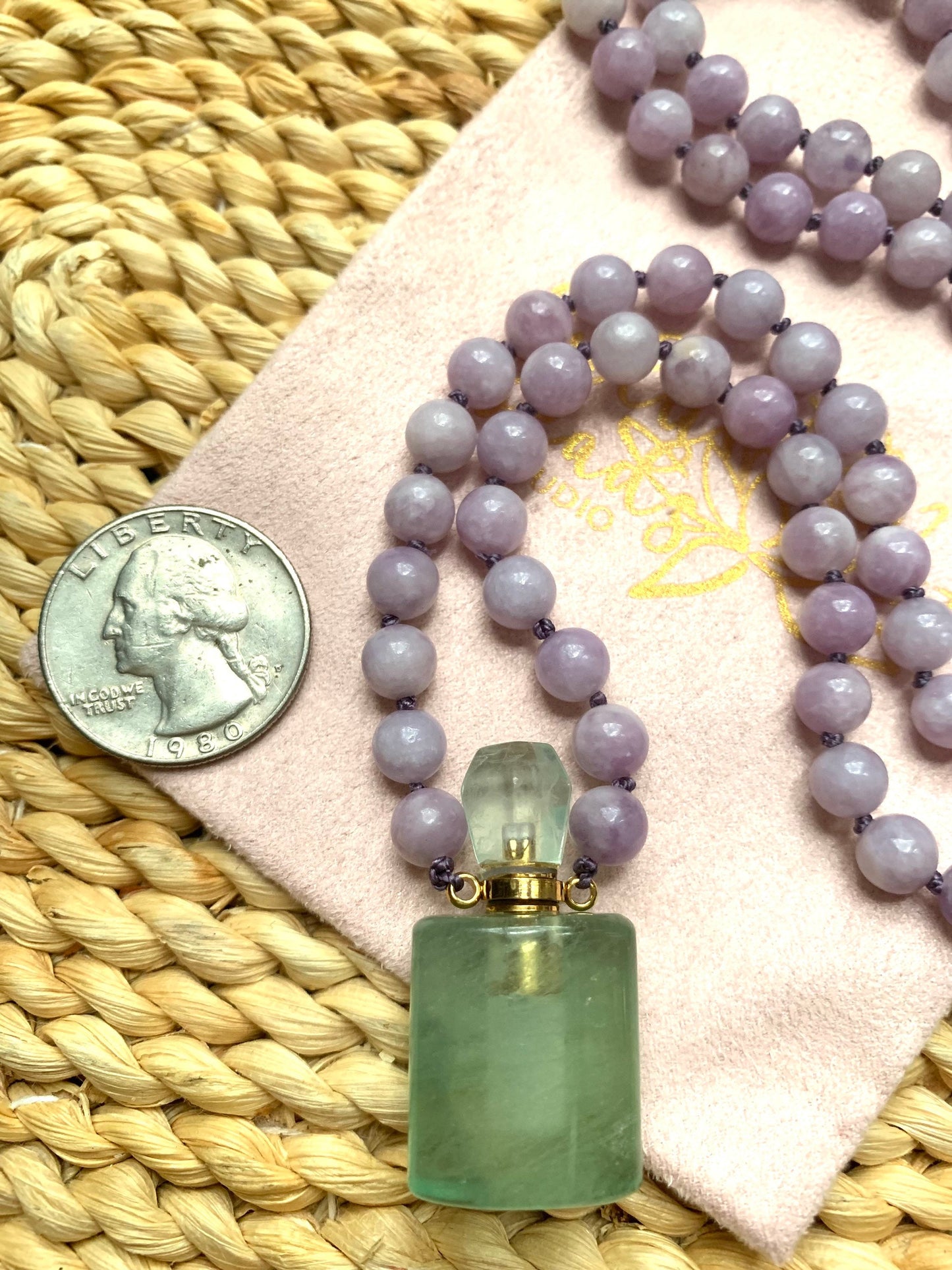 Mala Beads for Peace and Positivity, Lepidolite and Fluorite Miniature Perfume Bottle Pendant