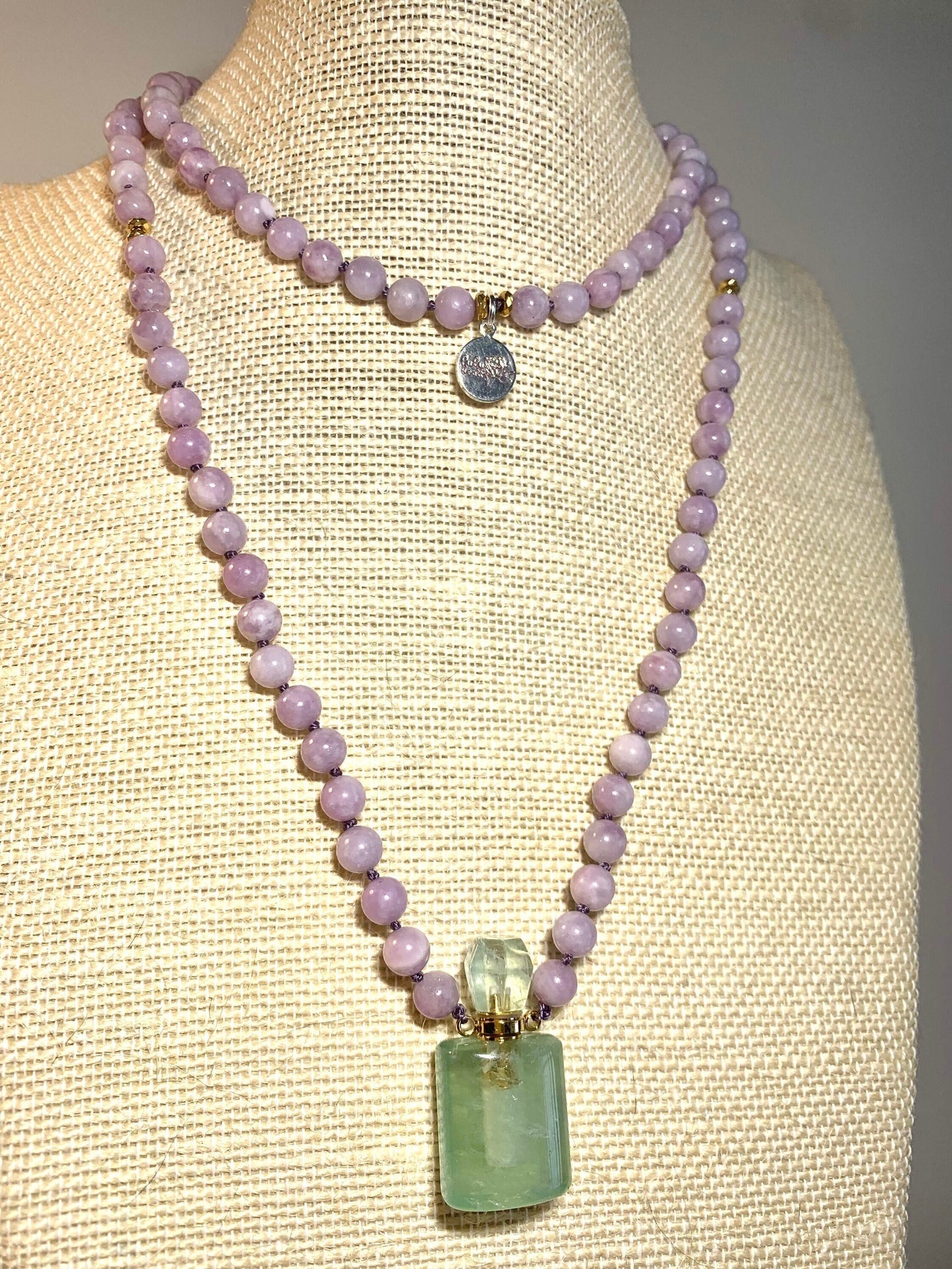 Mala Beads for Peace and Positivity, Lepidolite and Fluorite Miniature Perfume Bottle Pendant