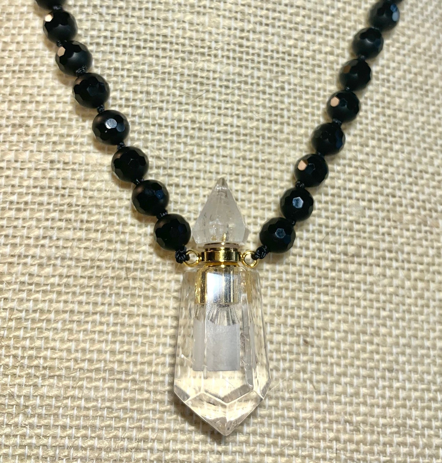 Mala Beads for Strength and Support, Black Onyx with a Quartz Miniature Perfume Bottle Pendant