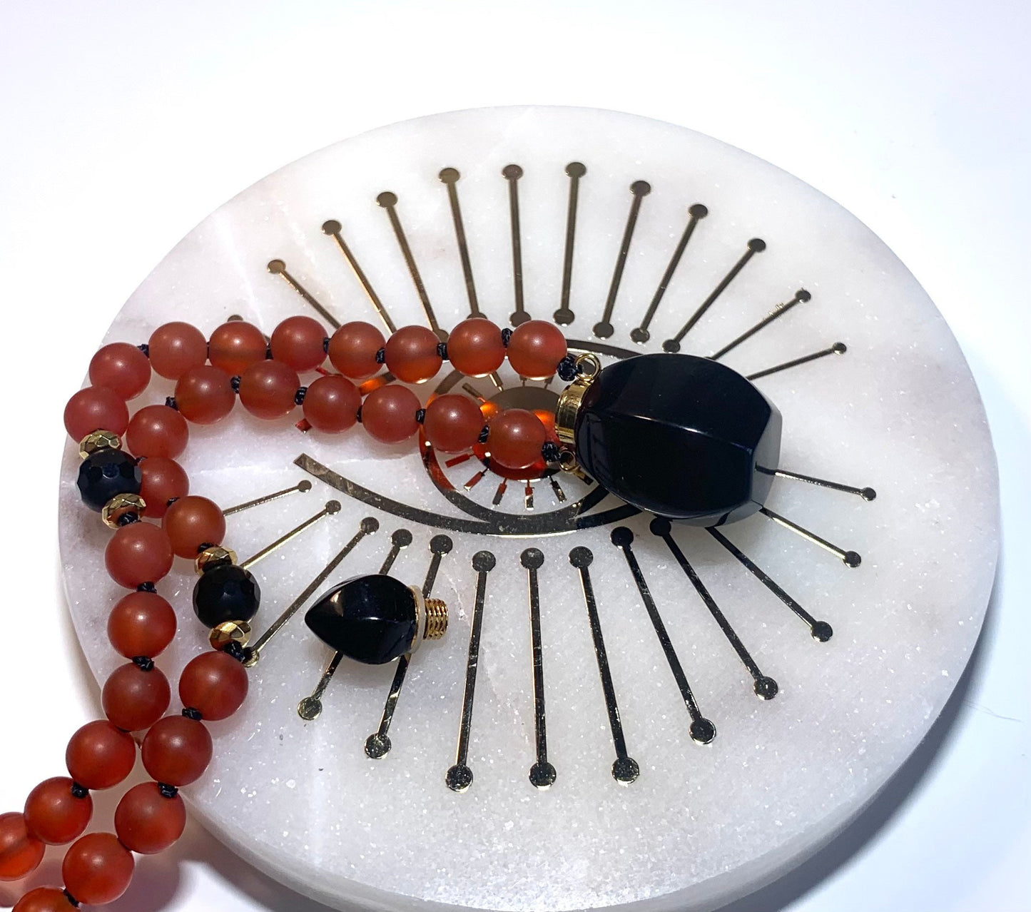 The Life Force Mala, Carnelian, Hematite and Miniature Onyx Perfume Bottle Pendant