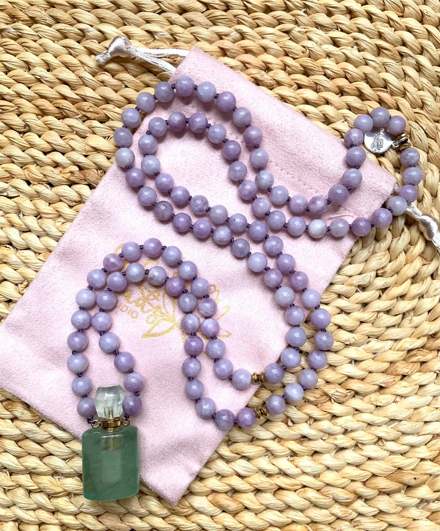 Mala Beads for Peace and Positivity, Lepidolite and Fluorite Miniature Perfume Bottle Pendant