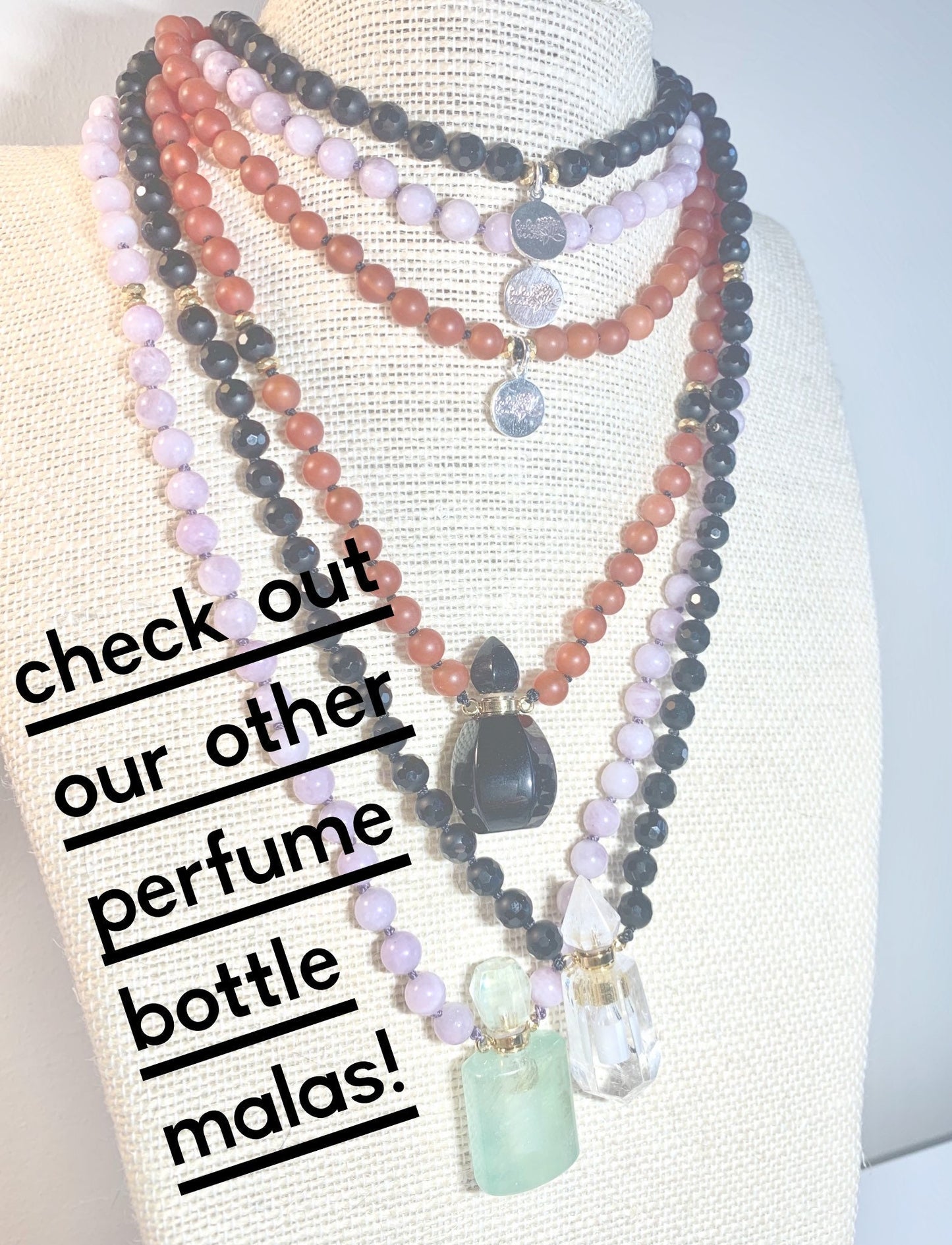 The Life Force Mala, Carnelian, Hematite and Miniature Onyx Perfume Bottle Pendant